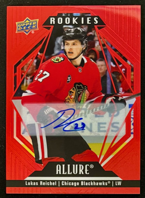 2022-23 Allure Lukas Reichel #127 Red Rainbow Rookie Auto front